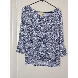 Michael Michael Kors Blue Floral Bell Sleeve Blouse XL Scoop Neck Ruffle Top
